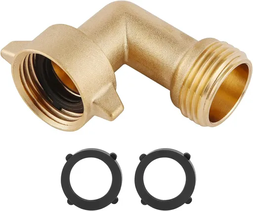 90-Degree Brass RV Hose Elbow, Easy-Grip Water Hose Connector for RV Fresh Water Hoses, Outdoor Taps and Residential Garden Use