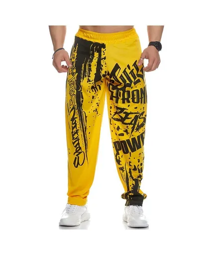 Men's Casual Straight Pants Graffiti Print Mid-Waist Loose Fit Polyester Yellow XL