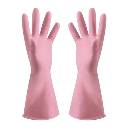 Rubber Cleaning Gloves Reusable Long Cuffs Non-Slip Textured Grip Pink Size L