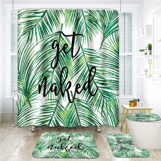 4 Pcs Shower Curtain Set Jungle Tropical Palm Leaves Beach Nature Green Retro Modern with Non-Slip Rugs Toilet Lid Cover 72" x 72"