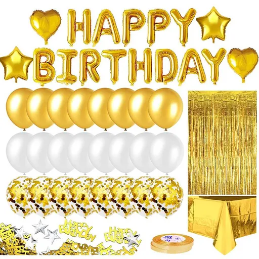 Birthday Party Decoration, Happy Birthday Banner, Sky-Blue Fringe Curtain, Foil Tablecloth, Heart Star Foil Confetti Balloons