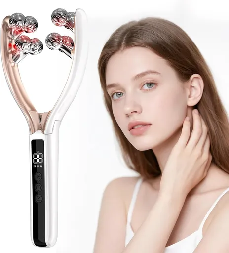 V-Shaped Facial Massage Roller with 8 Stainless Steel Balls, Dual-Tone Design, LCD Screen, 5-Speed Adjustment, Type-C Charging, Smooth Gliding for Face, Neck & Body, Compact Beauty Tool (White)