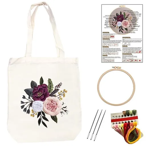 Canvas Tote Bag Floral Embroidery Kit, with Pattern Hoop Color Threads and Tool for Beginners, Arts and DIY Crafts Kits for Adults Handmake Gift