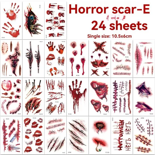 Halloween Tattoos 3D Temporary Tattoos Fake Wound Stickers Blood Wounds - Red - Size scarE-24pcs