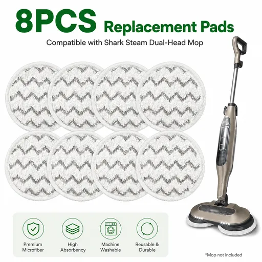 Style 5 Shark Steam Dual-Head Mop Replacement Pads 8 Pack - 7.5 Inch Reusable Round Microfiber Scrubbing Pads Compatible with Shark S7000, S7201, S8001, S8201, S7001, S7000AMZ, S7001TGT, S7005, S7020