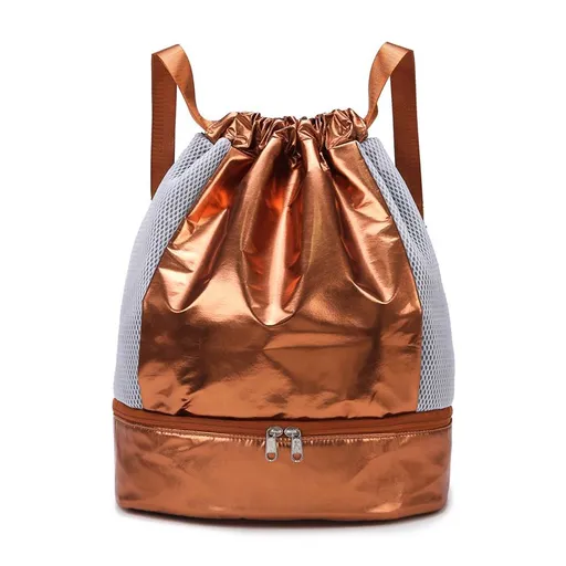 Drawstring Swim Bag Oxford Sports Backpack with Shoe Compartment - Champagne