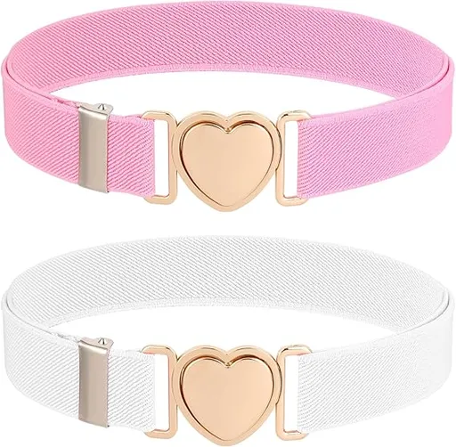 2 Pack Kids Elastic Belts with 1-Click Heart Buckle - Super Soft Adjustable Waistband for Toddlers & Girls - Easy to Use Self Fastening Design