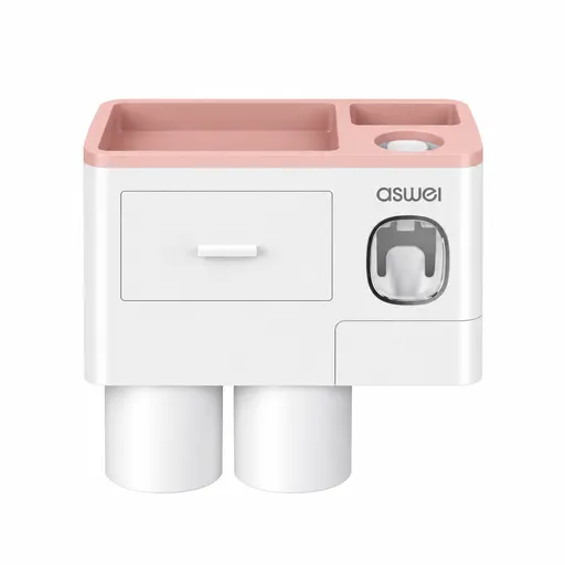 Pink Wall-Mounted Bathroom Organizer with Automatic Toothpaste Dispenser - Includes 2 Magnetic Rinse Cups, Storage Drawer & Toothbrush Holder