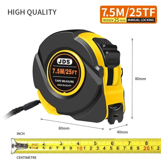 7.5M Heavy Duty Steel Tape Measure - Metric & Imperial Dual Scale - High Carbon Steel Blade, Anti-Slip ABS+TPR Casing, Push-Button Lock, Wear-Resistant for Construction & DIY