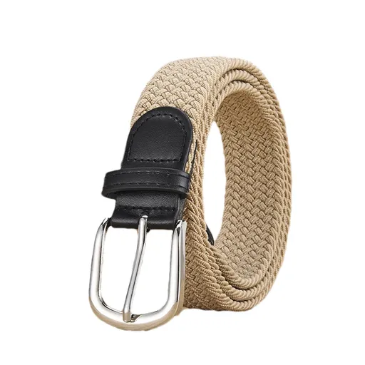 Unisex stretch khaki woven canvas belt with pin buckle, suitable for jeans, casual pants, shorts and casual wear.
