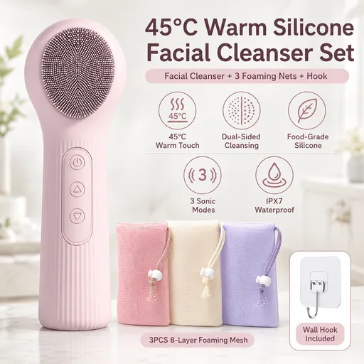 Pink 45°C Constant Heating Silicone Facial Cleansing Brush and 3pcs 8-Layer Fine Foaming Nets Set - Electric Sonic Face Scrubber with Dual-Sided Cleaning Surface & 3-Speed Vibration Massage, IPX7 Waterproof Skincare Absorption and Massage Device