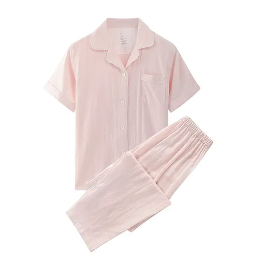 Cotton Short Sleeve Japanese Leisure Sleep Shorts Set Women's Pink Solid Color-Short Sleeve Pants XL