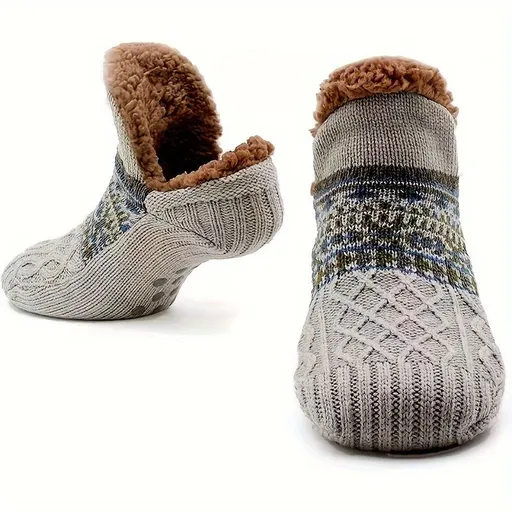 Men's Fleece-Lined Anti-Slip House Socks – Warm, Cozy, and Secure for Indoor Wear with Plush Sherpa Lining and Silicone Grip Dots (S, Grey)