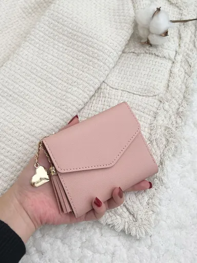 Tassel Decor Stitch Detail Credit Card Small ID Window Slim Women Wallet Mini Lightweight Minimalist Fashion Valentine Day Birthday Gift Couple Female Girls