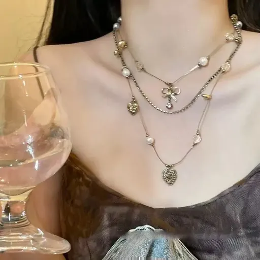 Vintage Layered Style | Retro Y2K Long Beaded Necklace | Christmas Nostalgic Retro Gift | Classic Stacked Clavicle Chain Trendy Spicy Girl Accessory