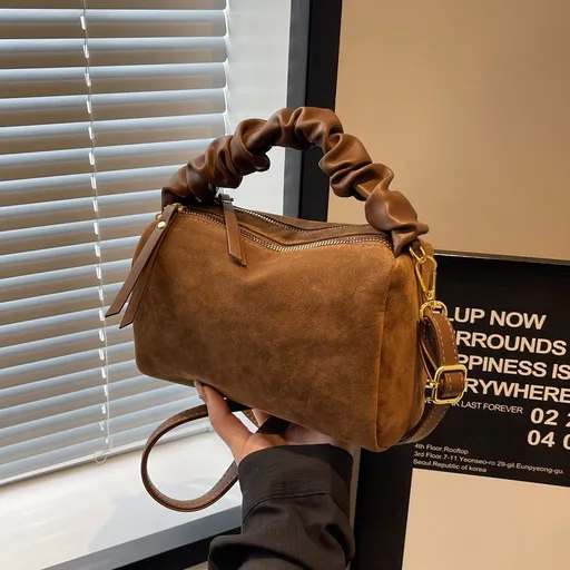 Ruched Handle Crossbody Bag Faux Suede Compact Handbag Brown