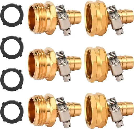 Garden Hose Repair Mender Kit Brass 1/2 Inch Fittings with Stainless Clamps for Hose Repair 3 Set, Brass Construction