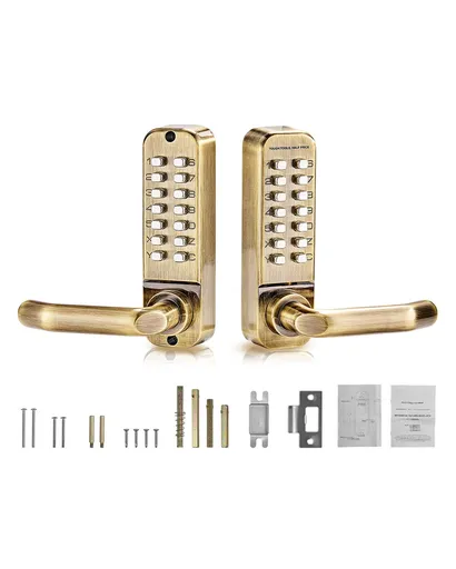 Mechanical Keyless Entry Door Lock, 14 Key Mechanical Door Lock, Mechanical Keypad Door Lock with Handle, Double-Sided Stainless Steel Waterproof Keyless Gate Lock, for Home Office Fence Garage