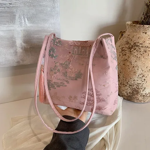 New Chinese Jacquard Nylon Bucket Bag: Large Capacity Shoulder Tote, Commuting & Versatile(pink)