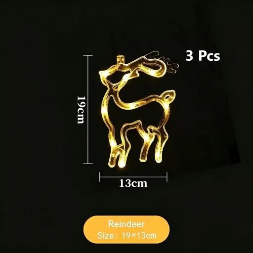 Warm White Reindeer LED Suction Curtain Lights 3 Pack, Battery Operated Cheerful Holiday Window Decoration
