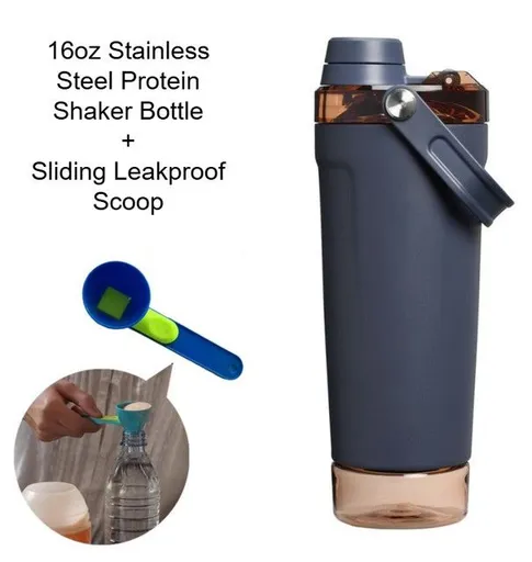 Navy Blue Sports Nutritional Drinkware Set with 16oz Stainless Steel Protein Shaker Bottle and Sliding Anti-spill Scoop - Vacuum Insulated Gym Flask with Detachable Bottom Storage Capsule and Quick-Open Lid, Filter Net & Portable Handle for Gym and O
