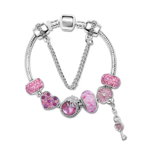 Rhinestone Heart & Bead Alloy Plated Bracelet with Happy Lock Pendant(18cm)