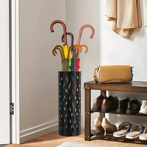 Metal Umbrella Stand in Black - Hollowed Design, 15x15x42cm, Holds 4-6 Long Umbrellas