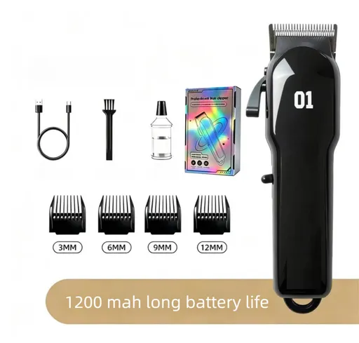 Black Rechargeable Pet Hair Clippers - 1200mAh Dog and Cat Grooming Trimmer with Digital Display, USB Charging, Adjustable Blade and Guide Combs