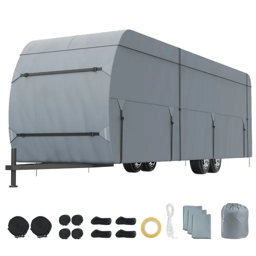 Travel Trailer Cover, 9.1-9.8m RV Cover, 4-Layer Non-Woven Fabric Camper Cover, Waterproof, Windproof And Wear-Resistant Class A RV Cover, Rip-Stop Camper Cover with Storage Bag and Patches