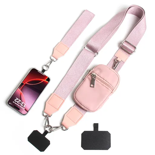 Pink Versatile Crossbody Phone Lanyard with Detachable Mini Pouch - Twill Webbing Wristlet & Neck Strap