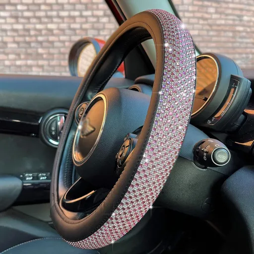 Bling Bling Comfy Steering Wheel Cover with Jumbo Crystal Rhinestones, Anti-Slip Diamond Leather, Universal 15 Inch (Pink)