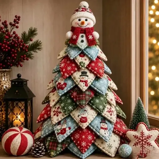 DIY 3D Quilted Fabric Patchwork Christmas Tree Kit, 3D Handmade Sewing Craft with Instructions, Beginner Friendly, Vintage Festive Tabletop Decor Gift/Snowman