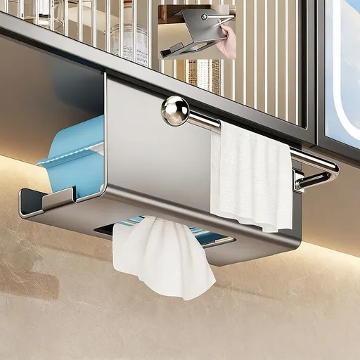 Under Mirror Cabinet Face Towel Storage Box, Wall Mounted Toilet Paper Towel Holder No Drill Tissue Rack for Bathroom Vanity Kitchen Sink Countertop Toilet Side Home Organization Space Saving Storage