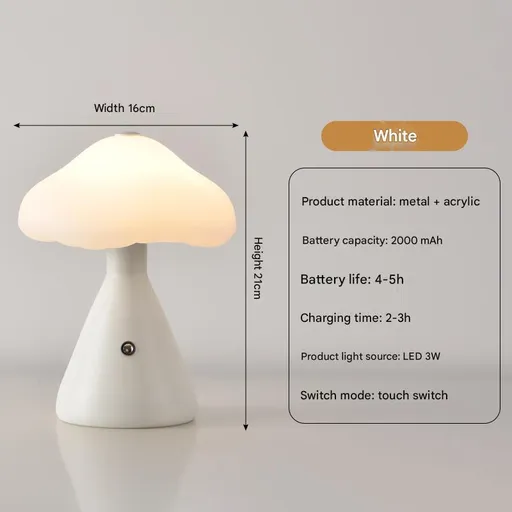 White Mushroom LED Table Lamp - Rechargeable, 3-Color Touch Dimmable, USB-C