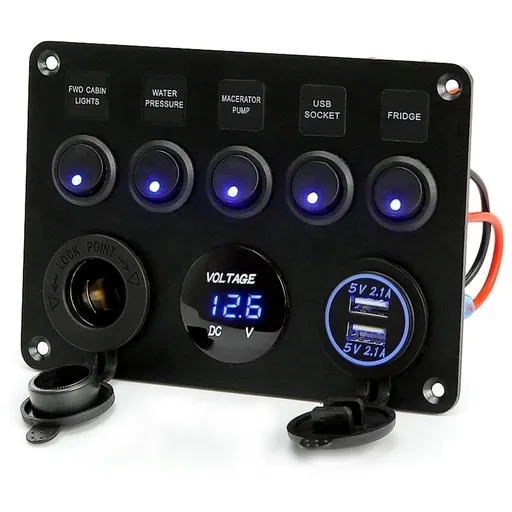 Car Boat 5 Gang ON-OFF Toggle Switch Panel 2USB 12V Fit Marine RV Truck Camper