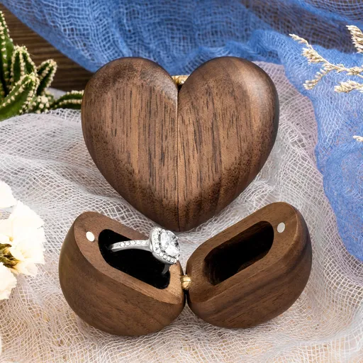 Personalized Heart Shaped Wedding Ring Box – Single-Compartment Walnut Wood Ring Holder for Proposal, Engagement & Wedding, Romantic Newlywed Gift for Her(Brown)