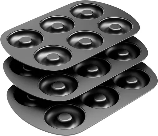 Non-Stick 6-Cavity Donut Baking Pans, Makes Individual ull-Sized 3 1/4" Donuts, Set o 3