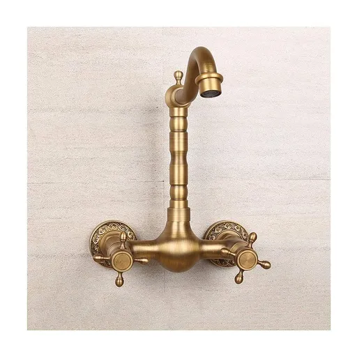 Antique Bathtub Faucet – Dual-Handle Brass Wall-Mounted Tub Faucet with Hot & Cold Mixer, Tall Model, Elegant for Villa Bathroom - Bronze - Size Tall4