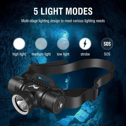 Scuba Diving Light, 5000 Lumen Diving Flashlight Headlamp, 5 Lighting Modes Dive Flashlight, Ultra Bright IPX8 Waterproof