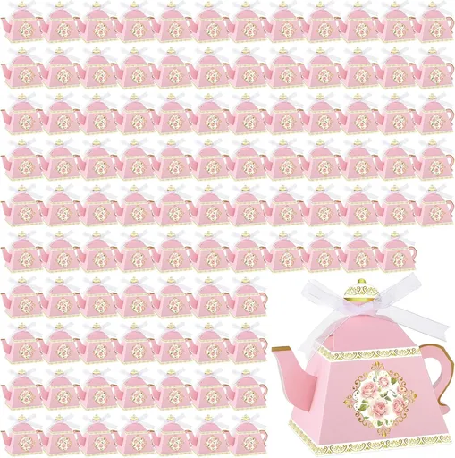100 Pcs Teapot Candy Box Floral Flower Tea Party Favor Gift Box Candy Boxes for Tea Garden Wedding Favors Bridal Showers Brunches Birthdays Decorations(Pink)