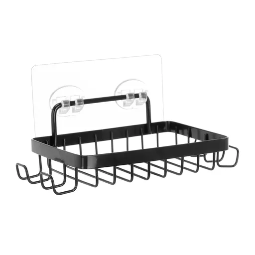 Stainless Steel Adhesive Soap Holder with 4 Hooks, Wall Mounted Draining Dish and Razor Hanger, 17 x 8.5 x 2.5 cm, Black