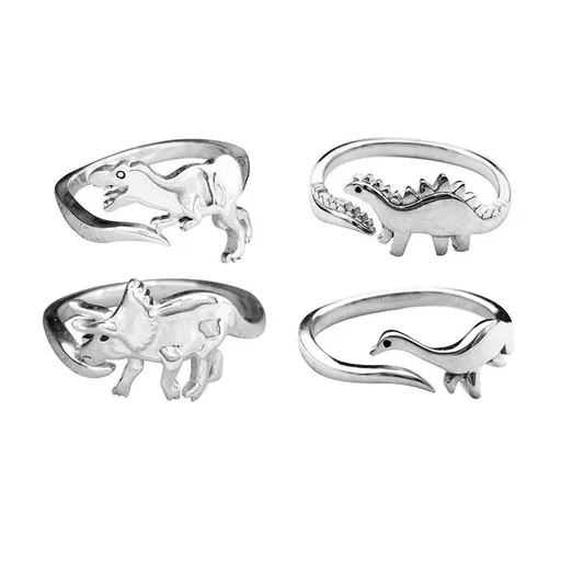 COLORFUL BLING 4 PCS Dinosaur Rings Set Cute Tyrannosaurus Triceratops Adjustable Rings Jurassic Era Dinosaur Ring