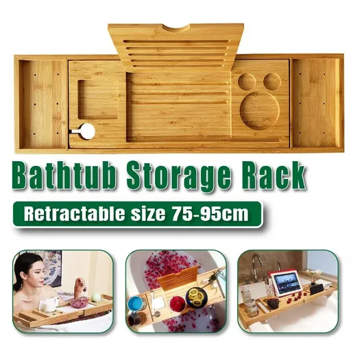 Bathroom Bamboo Bath Caddy Wine Glass Holder Table Tray Bathtub Rack Soap Shelf