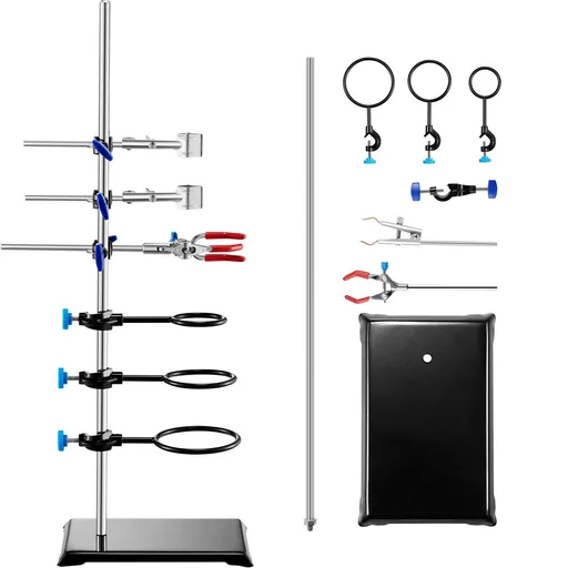 Lab Stand Support Set, Durable Stainless Steel Rod 23.6" and Cast Iron Base 8.3" x 5.3", Includes Flask Clamps Burette Clamp and Cross Clamps