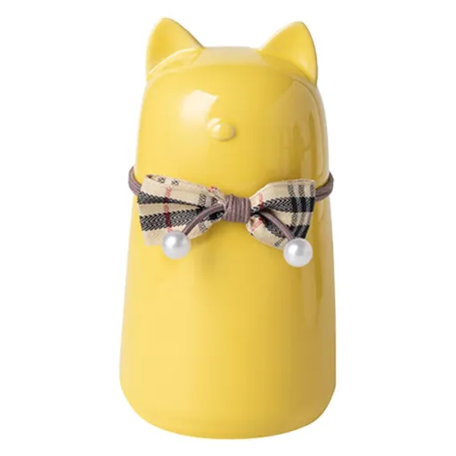 Handcrafted Ceramic Cat Urn for Ashes,Bow Tie Cat Shaped Funeral Memorial Keepsake,Pet Urn for Indoor & Outdoor Use - Yellow - Size 15*8cm