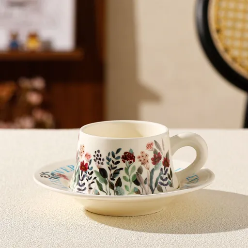 Vintage Floral Ceramic Coffee Cup & Saucer Set(White disc-green floral)