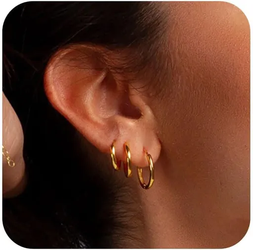 Small Gold Hoop Earrings Set of 3 - Plated 14K Real Gold Hoops for Women - Hypoallergenic, Mini, Non-Tarnish, Stack, Cartilage Hoops Gold