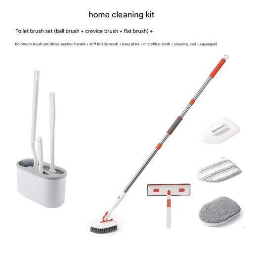 9-piece White and Orange Complete Home Cleaning Brush Set - Stainless Steel Telescopic Bathroom Scrubber and Wall Mounted Silicone Toilet Brush Kit with Multiple Replaceable Heads for Deep Cleaning Tiles, Floors, and Toilets