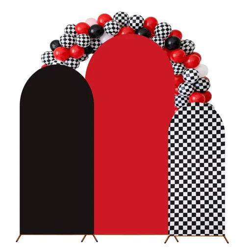 3PCS Arch Backdrop Cover Set, Black Red and Checkerboard, Includes 4 x 1.65 ft, 5 x 2.1 ft, 6 x 2.6 ft Covers, Stretchy Fabric for Party, Wedding, Decoration
