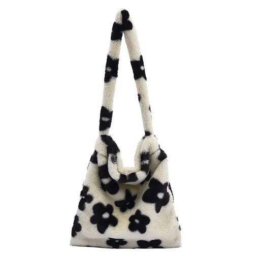 Plush Underarm Bag, Ladies Fluffy Shoulder Bag, Women Furry Flower Tote Bag Plush Handbag for Autumn and Winter